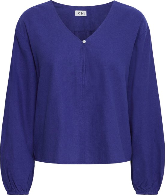 Dames blouse van ICHI in kobaltblauw, met V-hals, knoop en wijde mouwen met elastiek.
