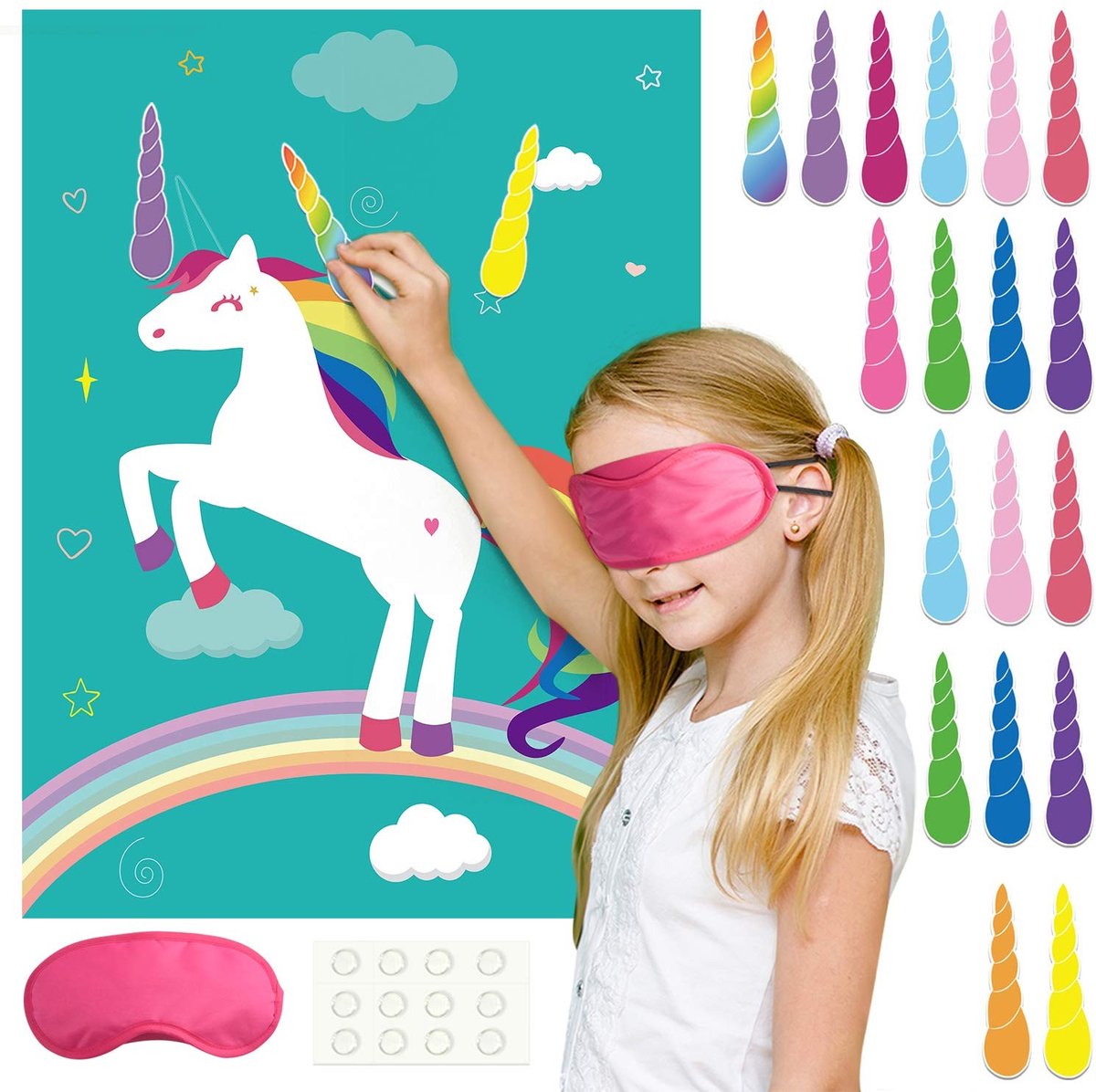 Store_8 - Unicorn verjaardagsfeest - Prick the horn game - Plezier voor kinderen - 24 hoorns - Perfect voor unicorn feestjes - Inclusief blinddoek ...