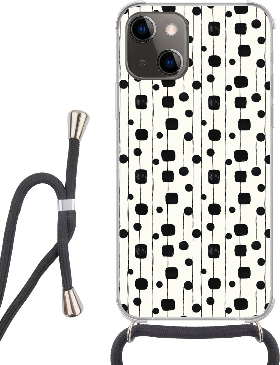 Telefoonhoesje Geschikt voor iPhone 13 Mini - Grafisch - Modern - Zwart - Siliconen - Crossbody - Backcover met Koord - Telefoonhoesje met koord - Hoesje met touw Telefoonhoesje