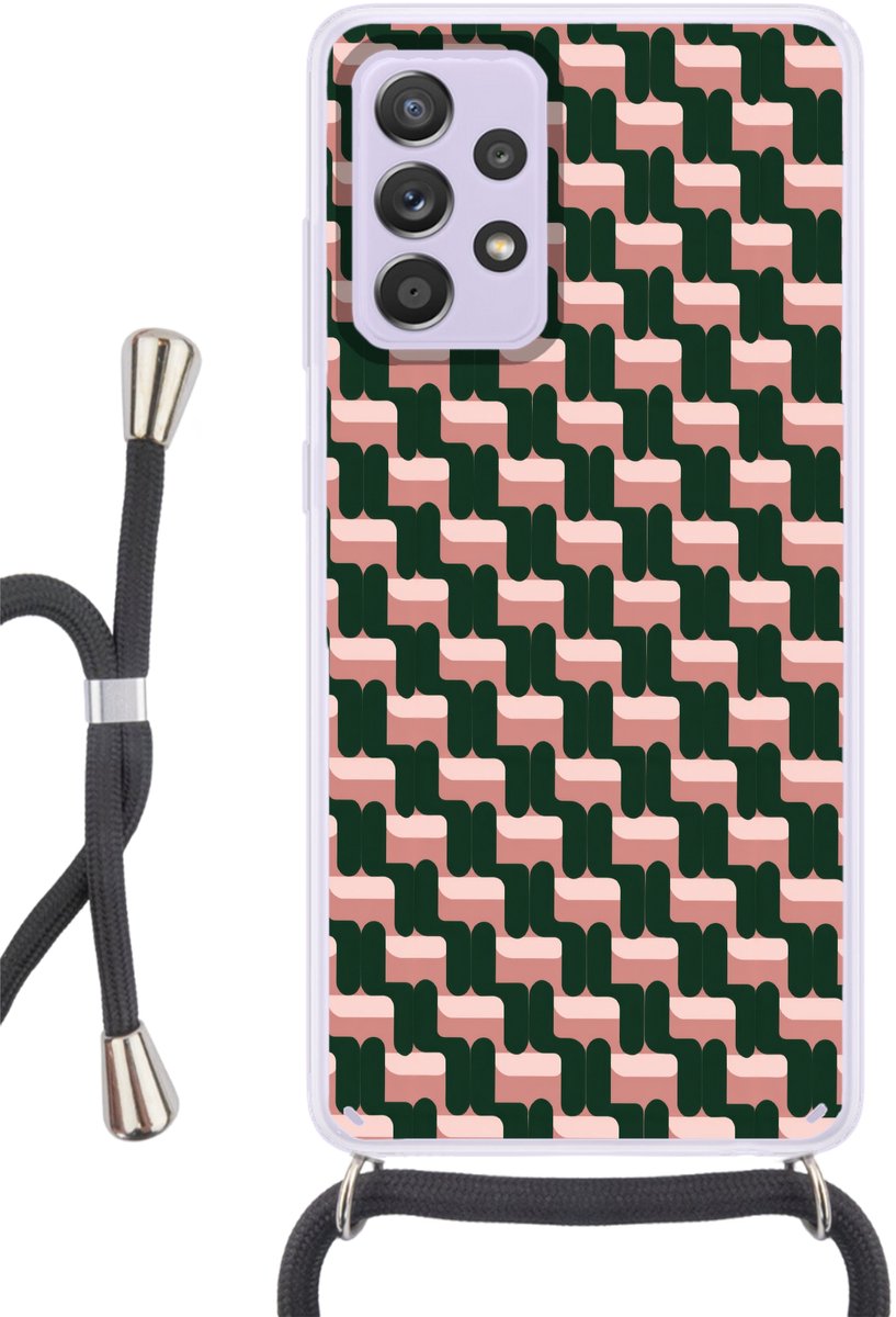 Telefoonhoesje Geschikt voor Samsung Galaxy A53 5G - Vlechtpatroon - Groen - Roze - Geometrisch - Siliconen - Crossbody - Backcover met Koord - Telefoonhoesje met koord - Hoesje met touw Telefoonhoesje