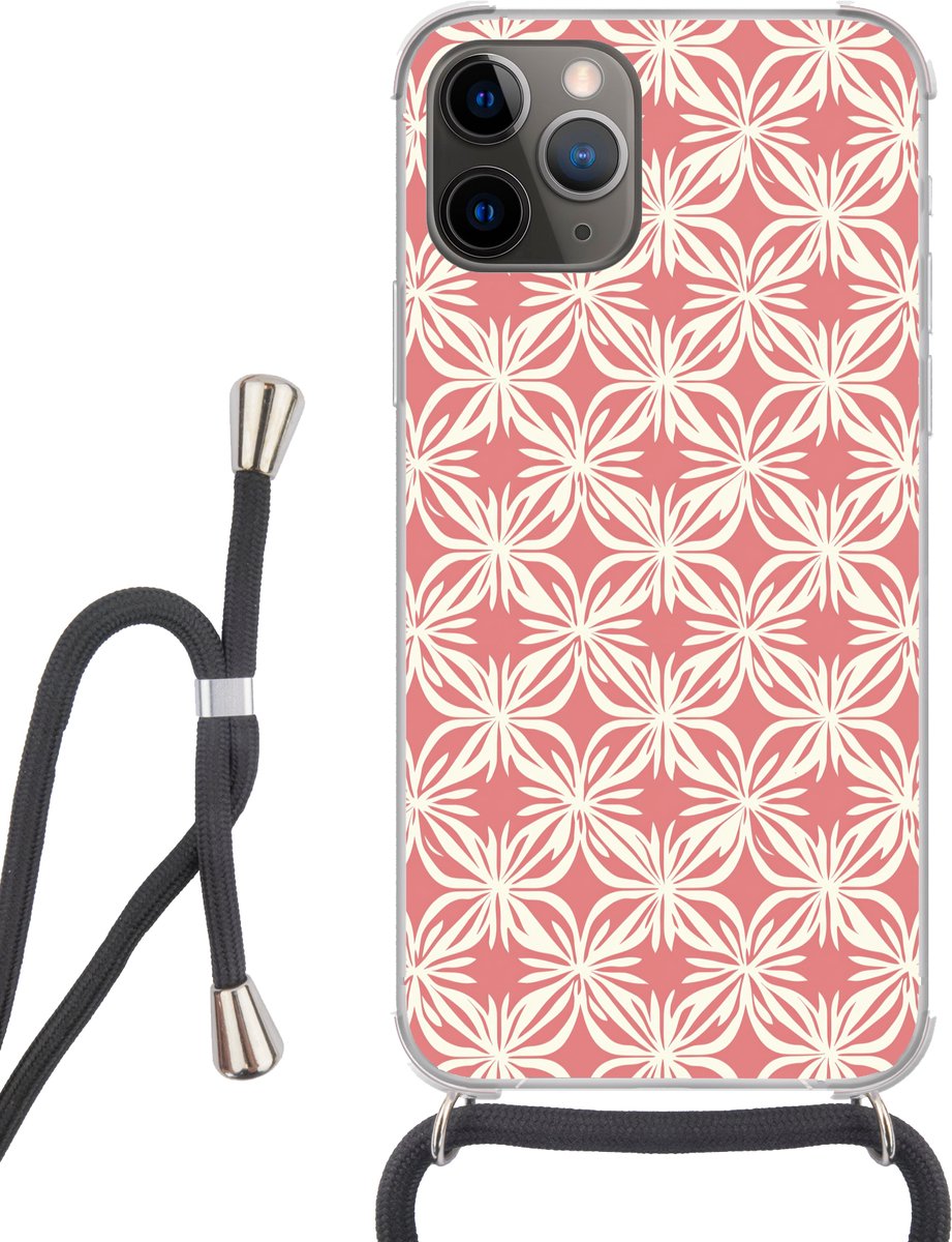 Telefoonhoesje Geschikt voor iPhone 11 Pro - Roze - Bloemenmotief - Wit - Modern - Siliconen - Crossbody - Backcover met Koord - Telefoonhoesje met koord - Hoesje met touw Telefoonhoesje