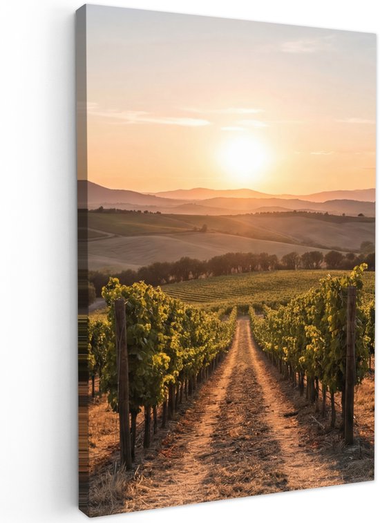 Tuinschilderij voor buiten 40x60 cm - Tuindecoratie Wijngaard - Zonsondergang - Landschap - Tuinposter op canvas - Tuin muurdecoratie - Buitenschilderij decoratie - Schutting wanddecoratie - Buitencanvas