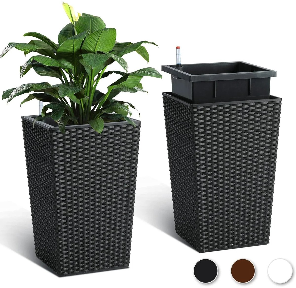 Innovastore Bloempotten - Plantenbakken - Rotan - Zelfwatergevend - Waterniveaudetector - Kunsstof - 2 stuks - 40x25 cm - Zwart