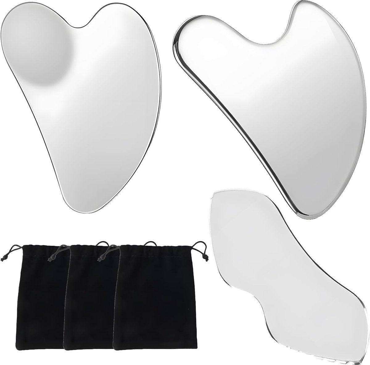 3 Pcs RVS Gua Sha Scraping Tool - Body Massage Scrapers voor Gezicht - Nek - Rug - Benen - Inclusief 3 Zachte Fluwelen Opbergzakken - Duurzame Metalen Gua Sha Set voor Massage en Verzorging
