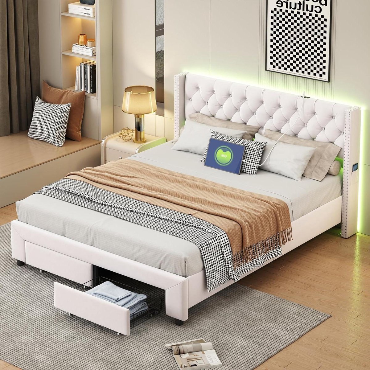 Gecapitonneerd bed - Gestoffeerd bed tweepersoons - Slaapkamer opfrissen - Met USB en LED - 140 x 190 cm - Beige
