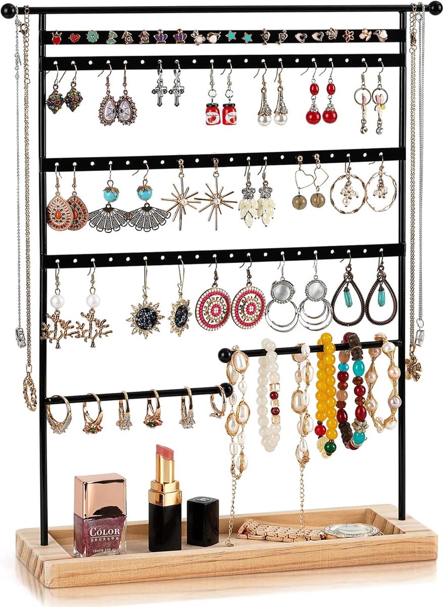 Jewelry Stand Earring Stand 80 Holes Earring Holder 7 Tier Metal Jewelry Holder Earring Organizer Chain Stand Watch Stand Houten Opslag 37x31cm Zwart