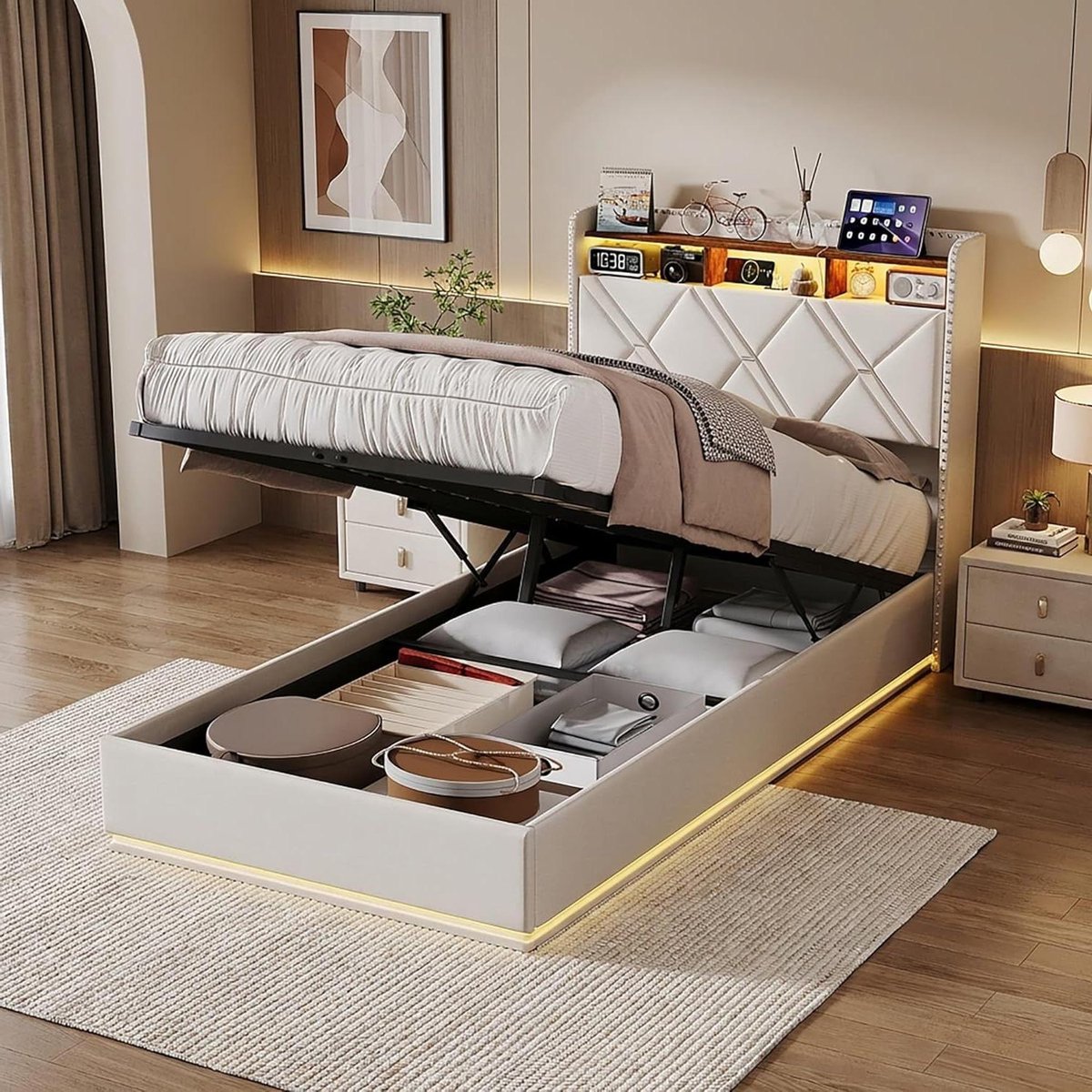 Gestoffeerd Bed - Eenpersoonsbed Logeerbed - Ruimte Besparen - Hydraulisch Hefmechanisme - 90 x 200 cm - Beige