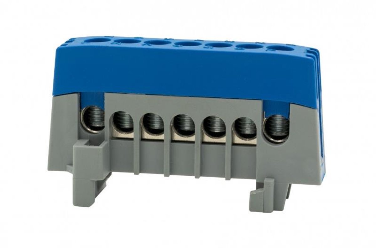 F-ELEKTRO Serie - 7-moduul Beschermlijst - 7x16mm2 - Nikkel Messing Klem - Blauwe Kleur