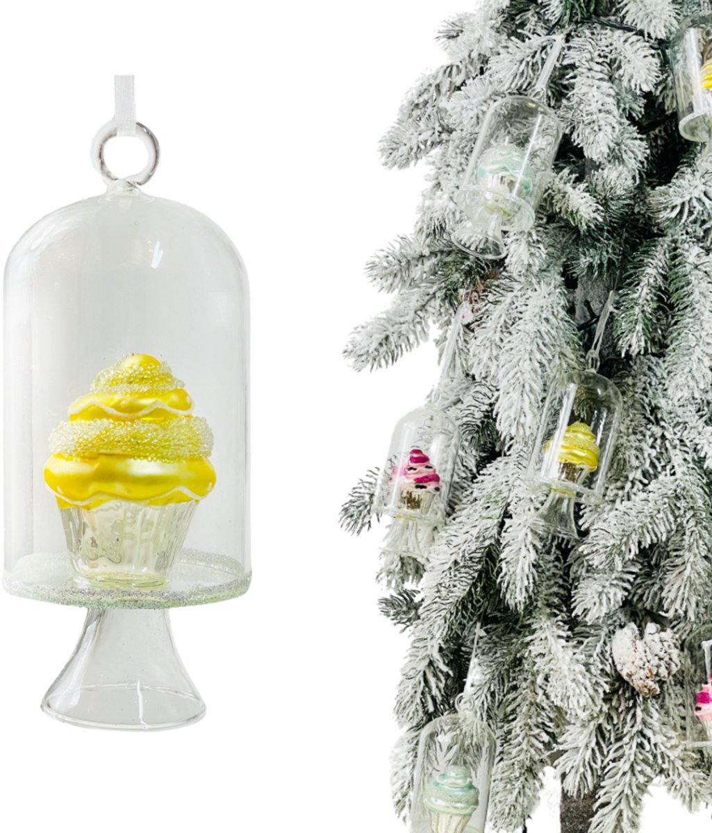 Inspiruj - Kerstbal - Gele Cupcake in Glas - 14 cm
