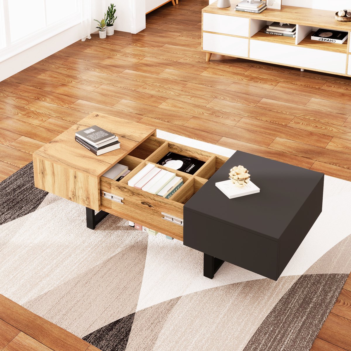 MIVRAY Salontafel - Uitschuifbaar Met Opbergruimte - Voor Woonkamer En Kantoor - Spaanplaat En Metaal - 100x40x55 Cm Zwart