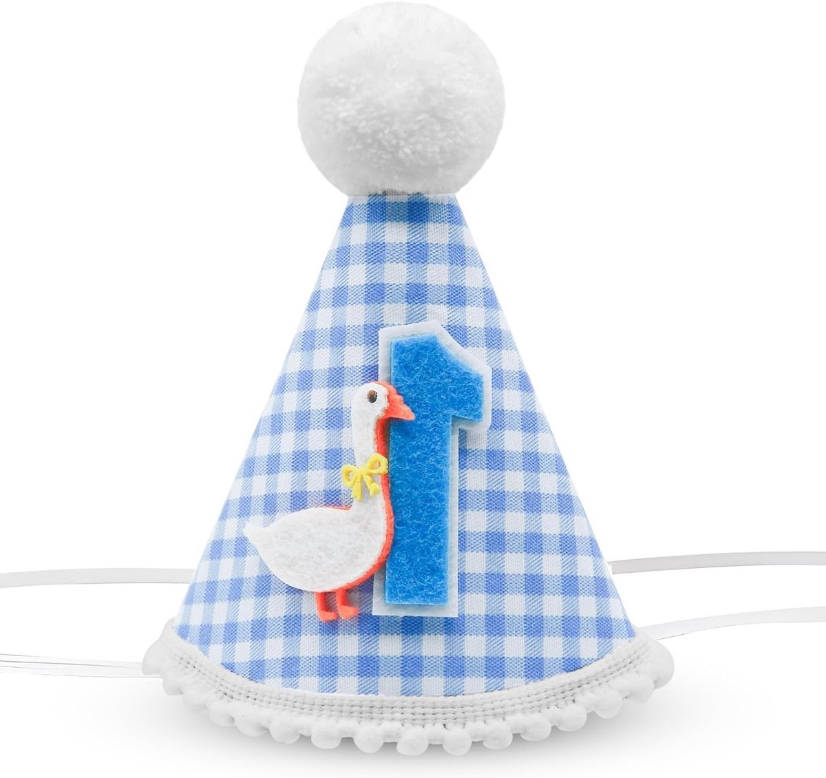 Verjaardagsmuts met Schattige Ganzen en Pompom, Blauwe Ruitpatroon, Persoonlijk Ontwerp voor Baby's en Kinderen, Feestdecoratie voor Jongens