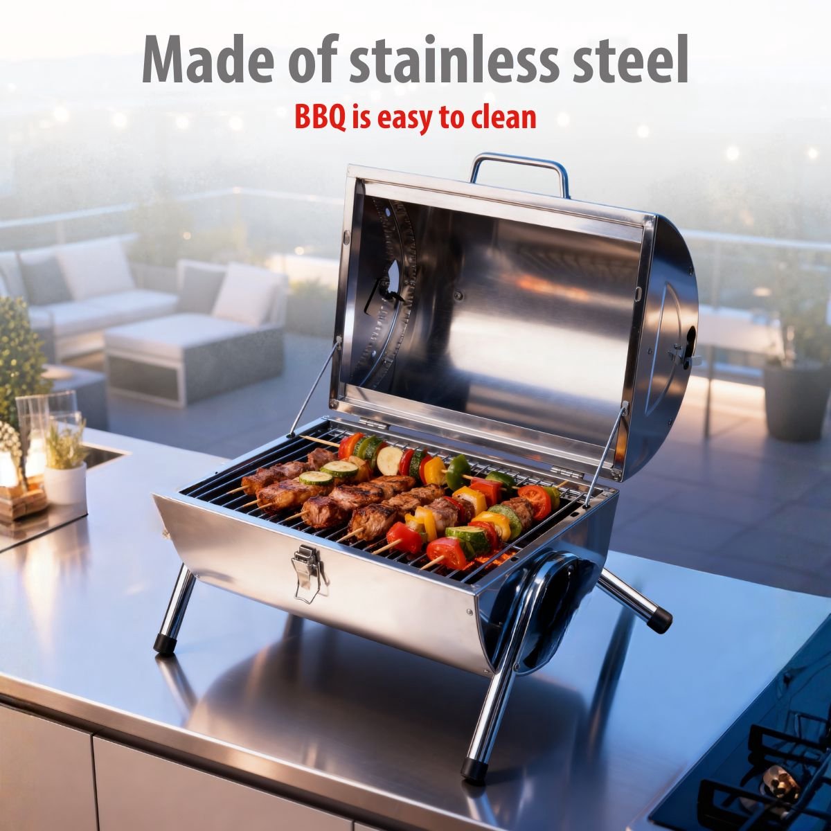alpina Houtskool BBQ - Draagbare BBQ met Handgreep - Barbecue Camping met Ventilatie En Sluitclip - Houtskoolbarbecue Compact 38 x 30 x 19 cm - RVS – foto 3