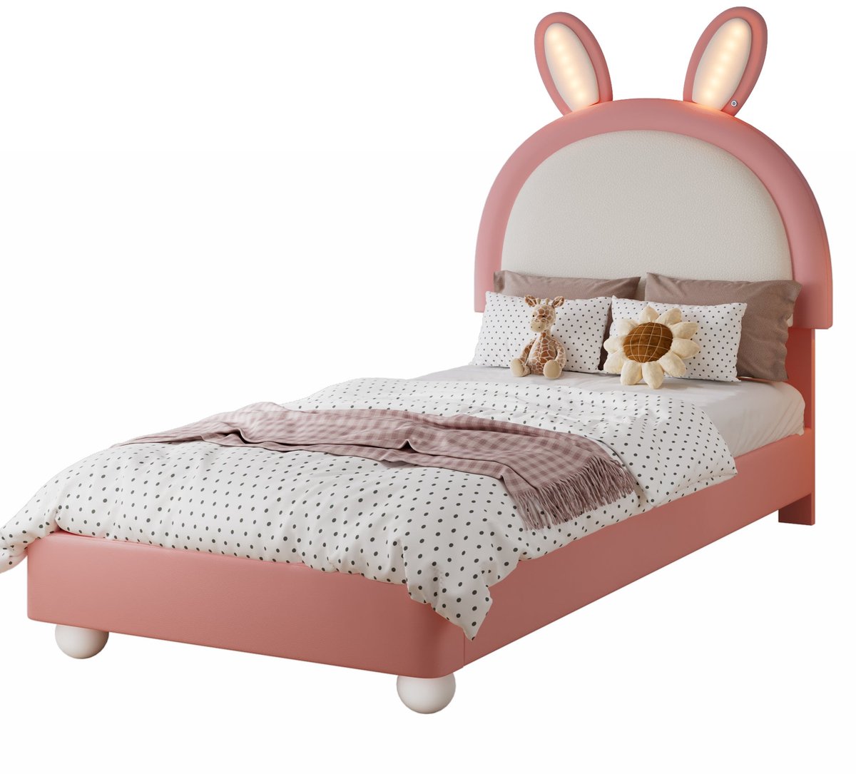 Merax Kinderbed 90x200 Cm - Kunstleer Gestoffeerd - Roze Wit - Eenpersoonsbed - Met Konijnvormig Hoofdbord - LED Verlichting - Houten Lattenbodem