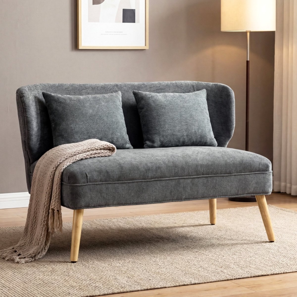 Wishdor 2-Zits Bank - Compact Met Dikke Zitting En Vleugelrug - Voor Kleine Ruimtes - Chenille En Houten Poten - Grijs - 117 X 65 X 78,5 Cm
