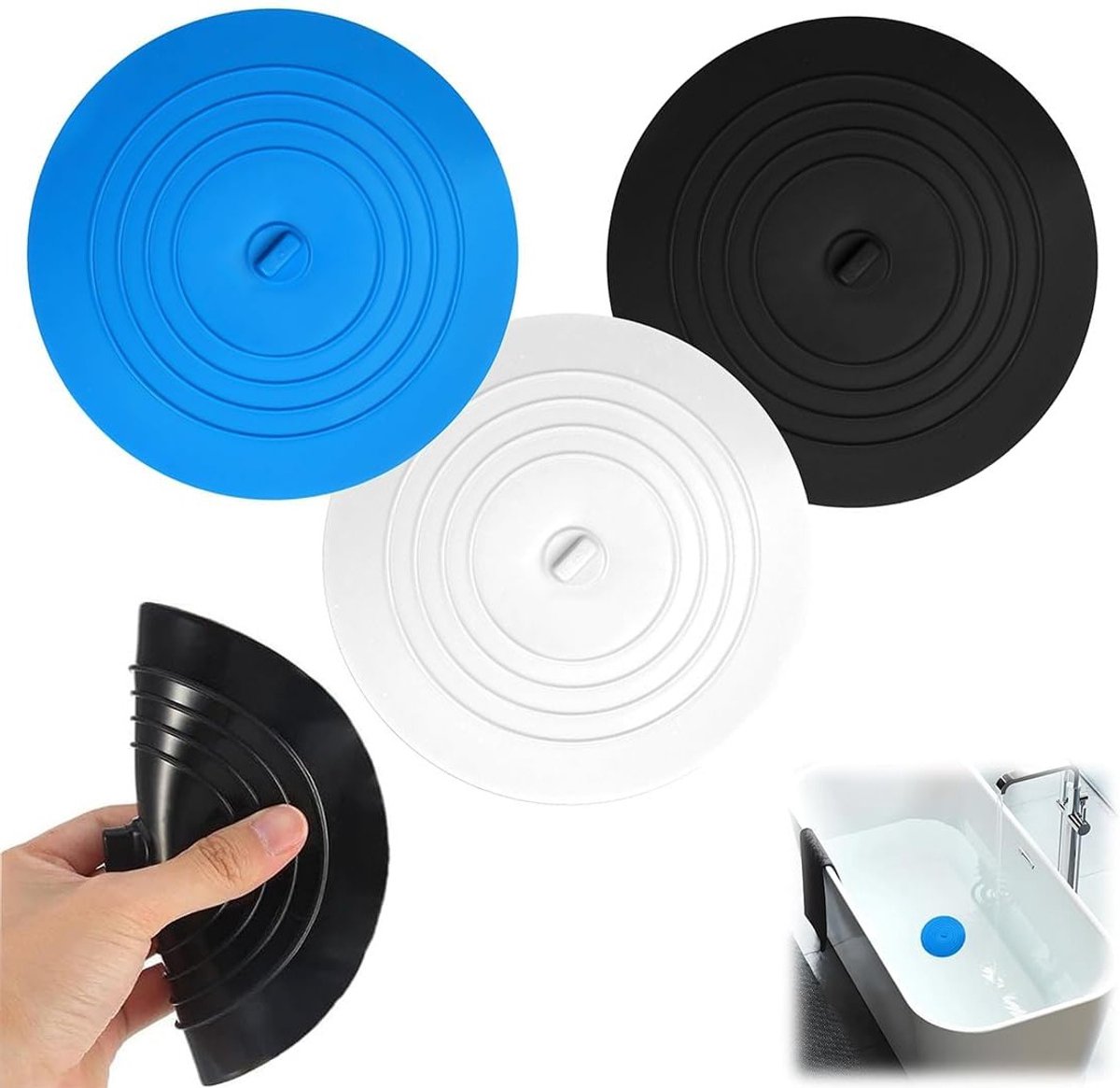 Universele Afvoerstop - Badstop Keukenstop - Water Dicht Maken - Set van 3 Stuks - Universele Maat - Zwart Wit Blauw