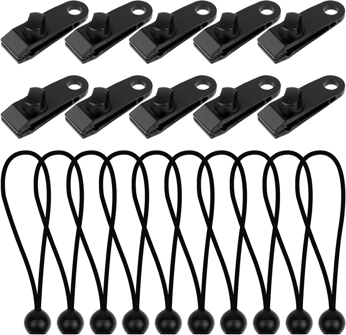 Set van 20 Tarp Clips en Tent Bungee Cords, Sterke Bevestigingsclips voor Tentdoeken, Ideaal voor Kamperen, Picknicken en Wandelen