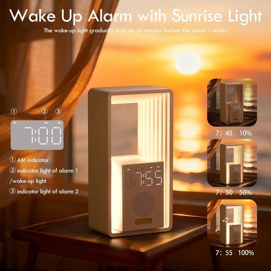 Slimme Wekker met Lichtsimulator voor Zonsopgang en Zonsondergang en Draadloos Opladen — afbeelding 4