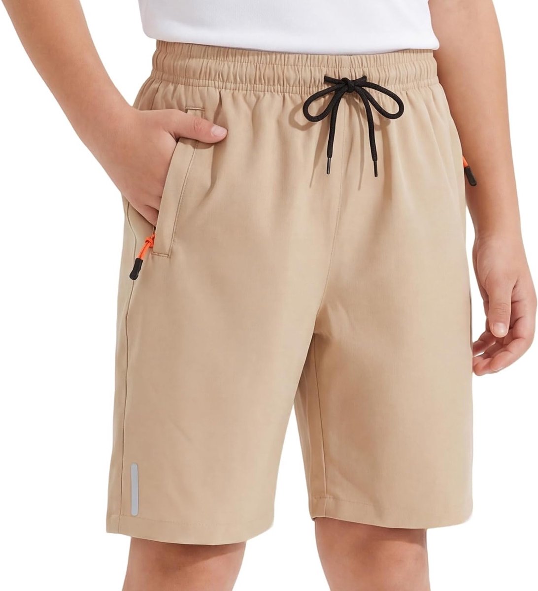 Korte Jongens Shorts voor Kinderen met Sneldrogende Stof, Reflecterende Strepen en Ritszakken, Ademend en Lichtgewicht Sportshorts voor Voetbal en Vrije Tijd van 6-13 Jaar