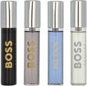 Vier BOSS Bottled mini-parfumflesjes: zwart, lichtgrijs, lichtblauw en crème, met zilveren dopjes.