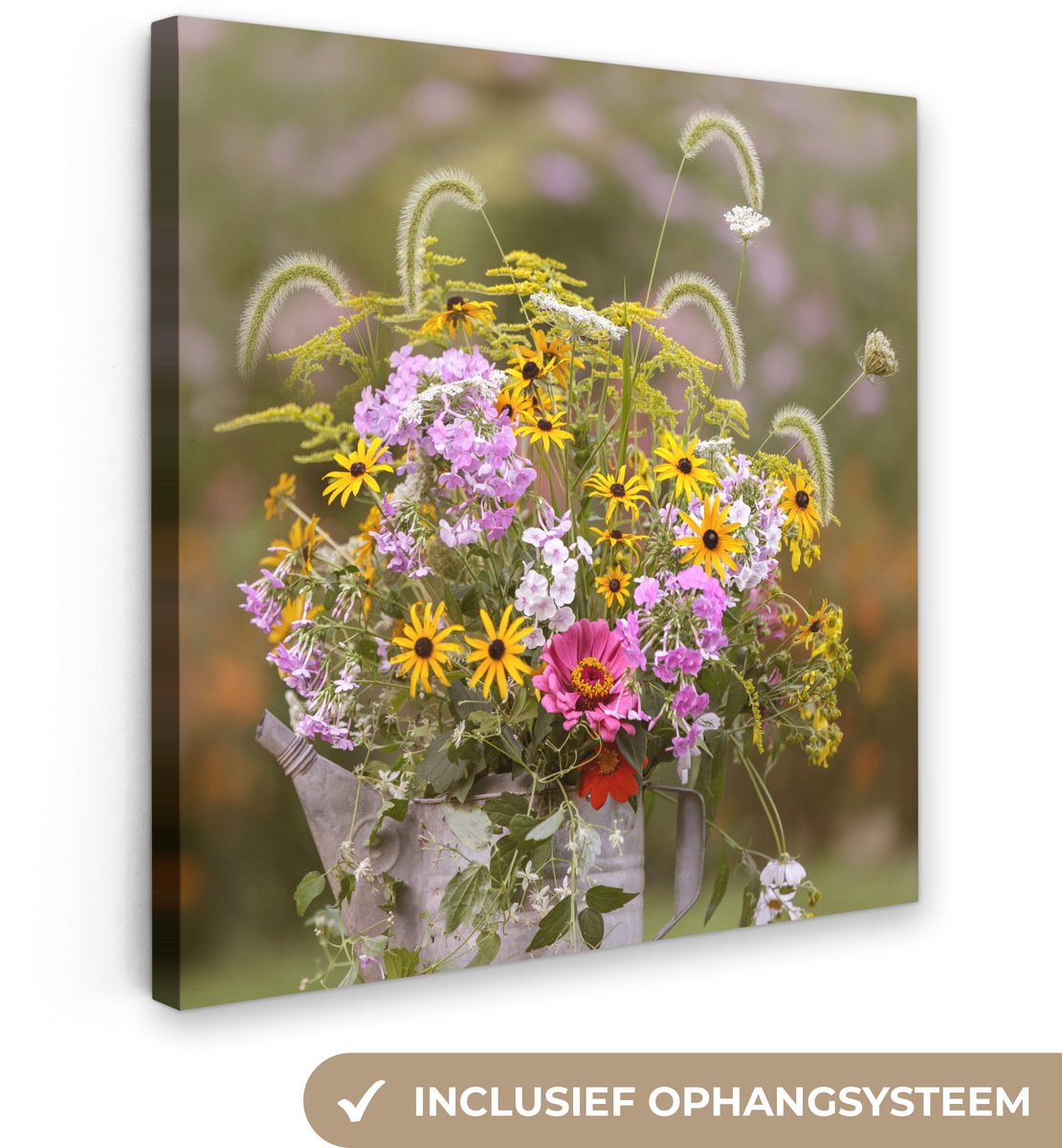 Canvas schilderij 20x20 cm - Wanddecoratie Bloemen - Gieter - Kleur - Muurdecoratie woonka