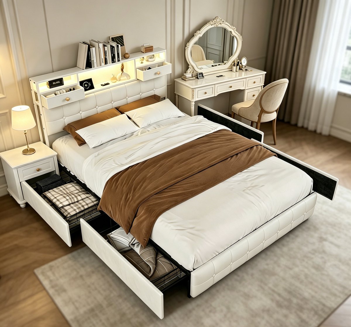 ROSAHQNDA Gestoffeerd bed met ledverlichting, USB- en Type-C-oplaadpoort, modern platformframe van 140x200 cm met hoofdbord met 2 lades en 4 opberglades onder het bed, tweepersoonsbed voor volwassenen en tieners, flanelstof, exclusief matras Beige