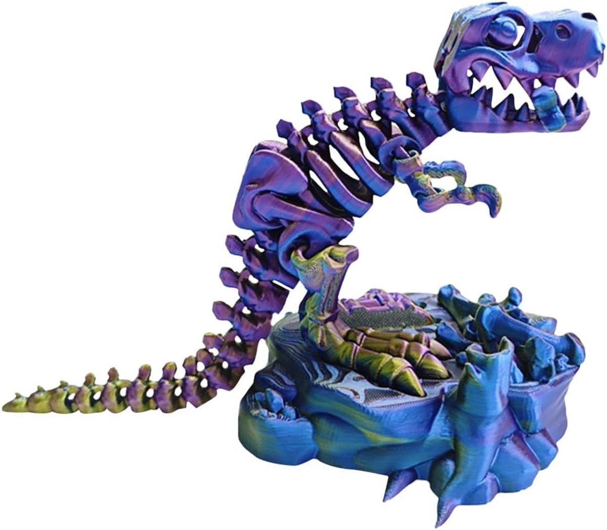 Dinosaurus Skelet - 3D Print Figuur - Decoratie Display - Beweegbare Gewrichten - 25cm Hoog - Goud Blauw Paars