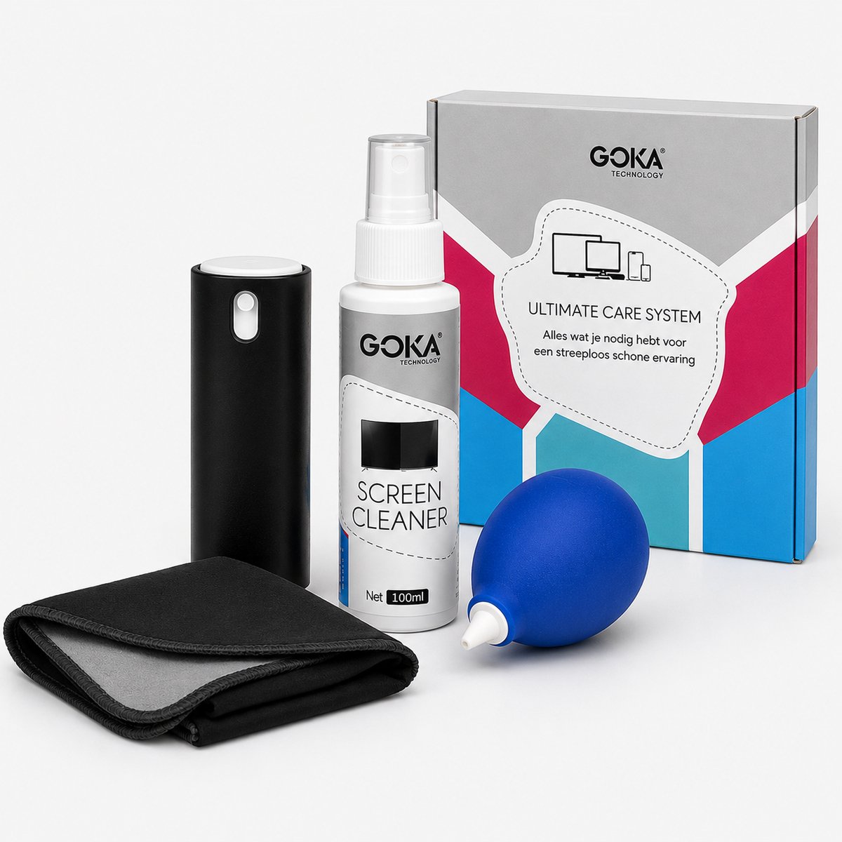 GOKA Screen Cleaner Kit – Complete Reinigingsset voor Laptop, Smartphone, Tablet, Camera & Beeldschermen – Inclusief Microvezeldoek, Air Blower & Borstel