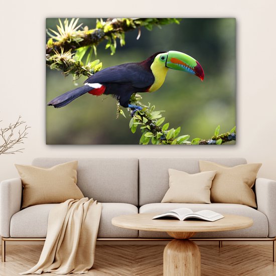Tableau sur toile Un toucan sur une brindille fleurie - 150x100 cm - Décoration murale