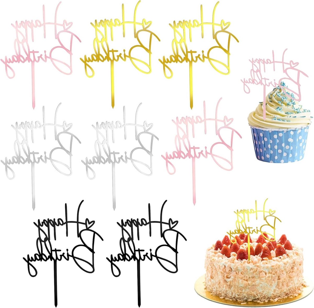 8 Stuks Verjaardagsdecoratie, Acryl Cake Toppers, Feestelijke Versiering voor Verjaardagsfeestjes en Taarten