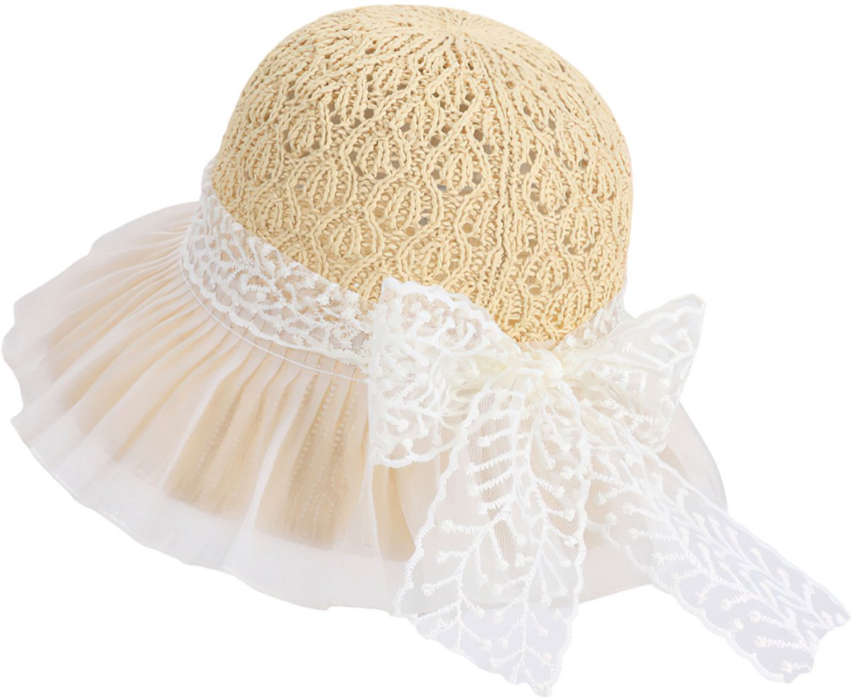 Topmelon Gehaakte Bucket Hat - Zomer Hoed - Zonnehoedje Grote Rand en Verstelbaar - Strooien Hoeden met Gehaakte voor Dames Beige