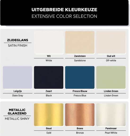 Kleurenkaart met satijn glans afwerking: wit, zandsteen, oud wit, leigrijs, zwart, fresco blauw, linden groen. Metallic glans afwerking: goud, brons, parelmoer.