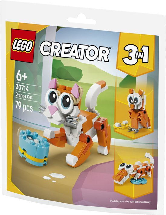 LEGO Creator 3-in-1 Oranje Kat. Oranje en witte kat met grote blauwe ogen en een blauwe voerbak.