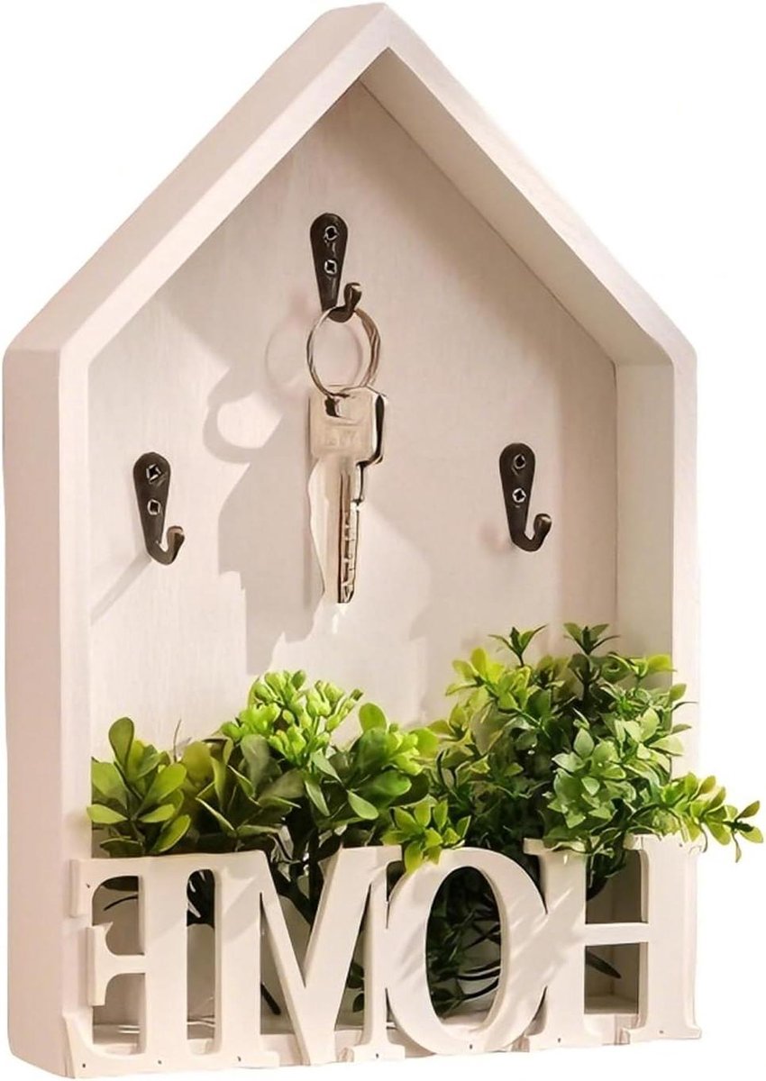 Houten sleutelhouder - Wandrek - Thuis organiseren - Uniek huisontwerp - 29 cm breed - Wit