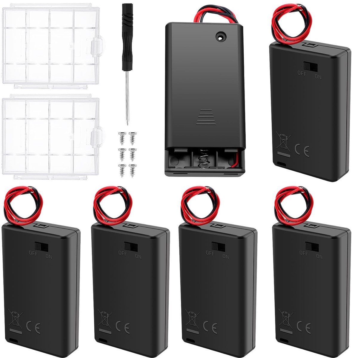 SPHProducts - 3 Batterijhouder - Batterij Opbergdoos - Met Draad & Schakelaar - Zwart - Inclusief Schroevendraaier - Geschikt voor 1.5V Batterijen