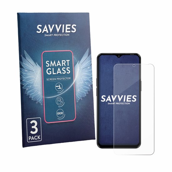 Doos Savvies SMART GLASS SCREEN PROTECTOR en een smartphone met een screenprotector.