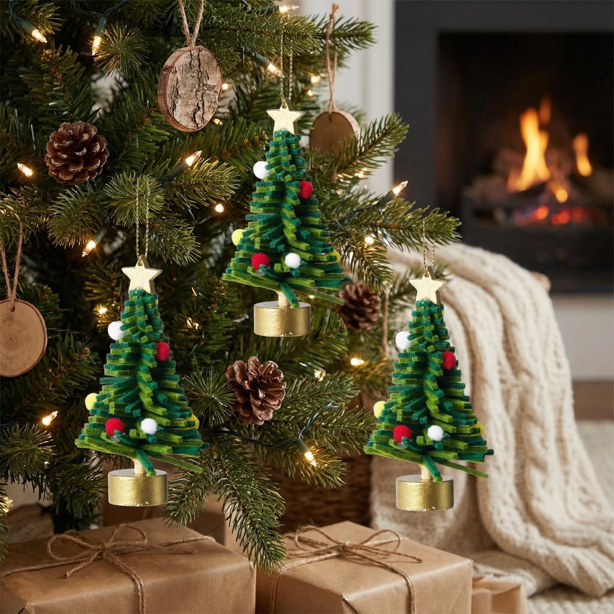 aladdien - Vilt Kerstboom Hangers - Set van 3 - Feestelijke Decoratie - Met Pompoms - Gouden Basis - Kerstversiering - Geschikt voor Binnen - Multic...