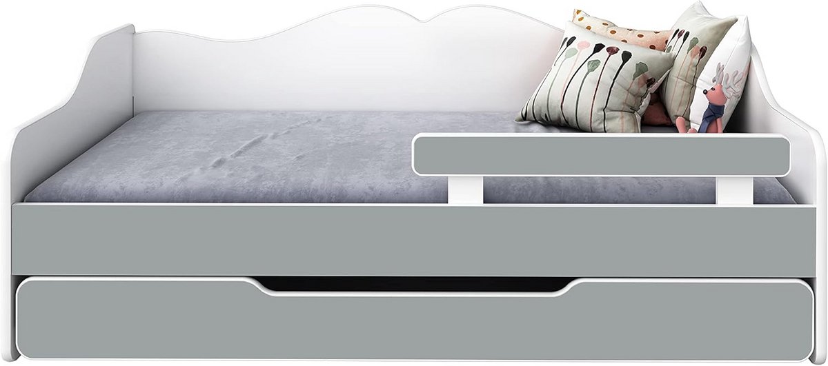 BDW - Kinderbed - Eenpersoonsbed Met Lattenbodem, Matras, Lade, Valbeveiliging, Opbergruimte - Uittrekbaar - Slaapbank, Logeerbed, Opklapbed - Kinder-/Tienerkamer - 160x70cm - Grijs