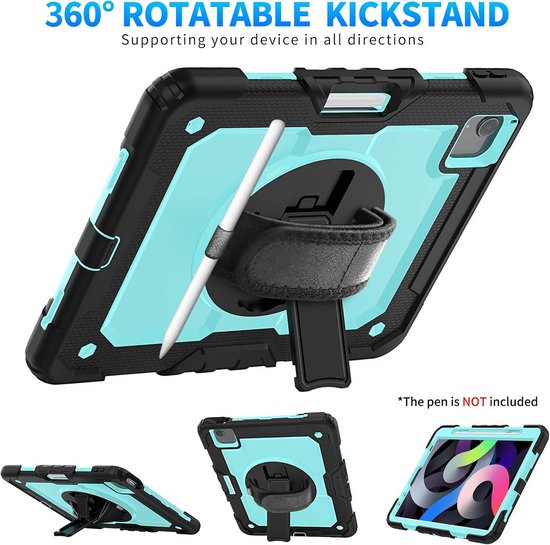Timecity for ipad air case, iPad Air 4th/5th generation case 2020/2022, 10.9 inch heavy duty shockproof bumper case with screen protector, kickstand, wristband for kids 360° rotatable cover, L — afbeelding 4
