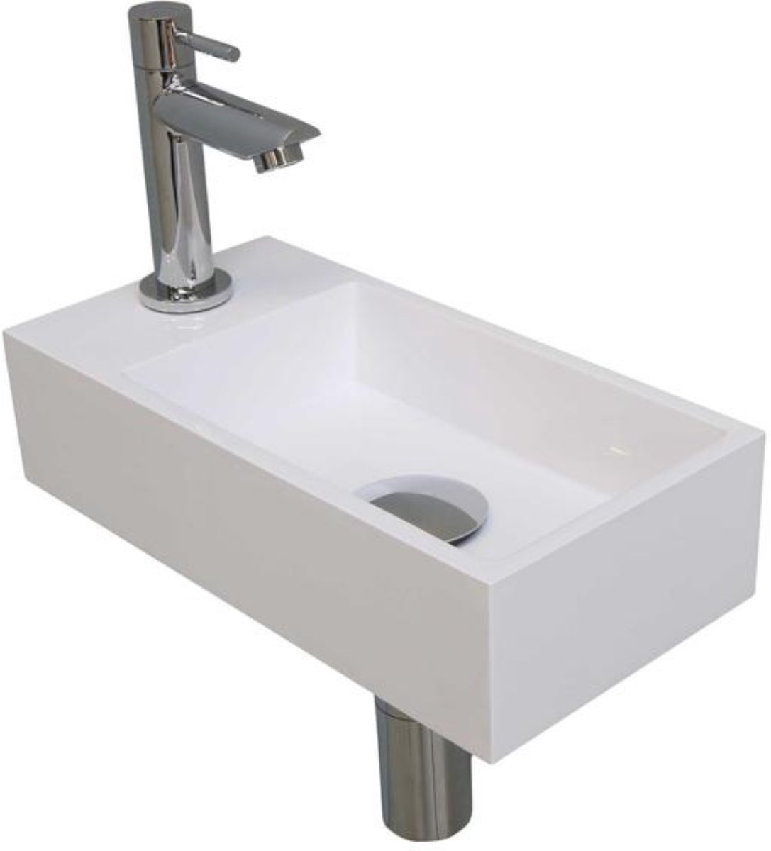 INK - Fonteinpack Polystone Links incl. Fonteinkraan - Design Sifon - Design Plug en Montageset - 360x180x90 Mm - Glans Wit/chroom