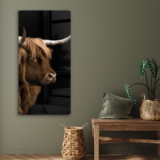 ® Glasschilderij 60x120 cm - Schilderij acrylglas - Schotse hooglander - Koe - Zwart - Foto op glas - Muurdecoratie woonkamer - Wanddecoratie slaapkamer - Schilderijen