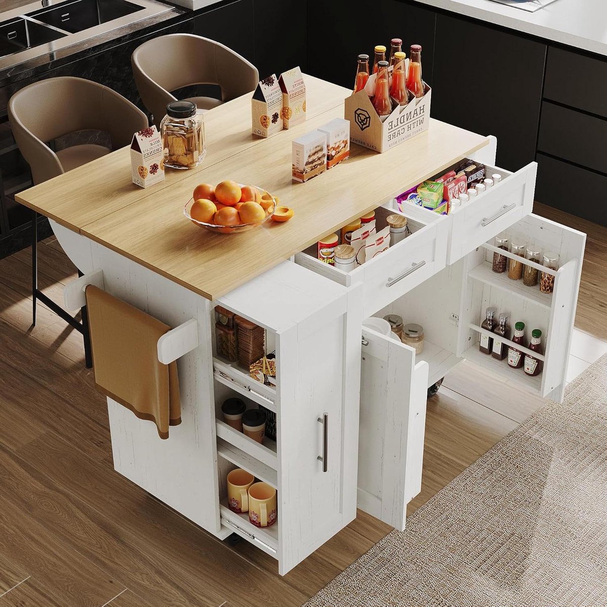 Keuken Eiland - Servies Trolley - Extra Werkruimte - Inklapbaar Tafelblad - 110 cm Lengte - Wit