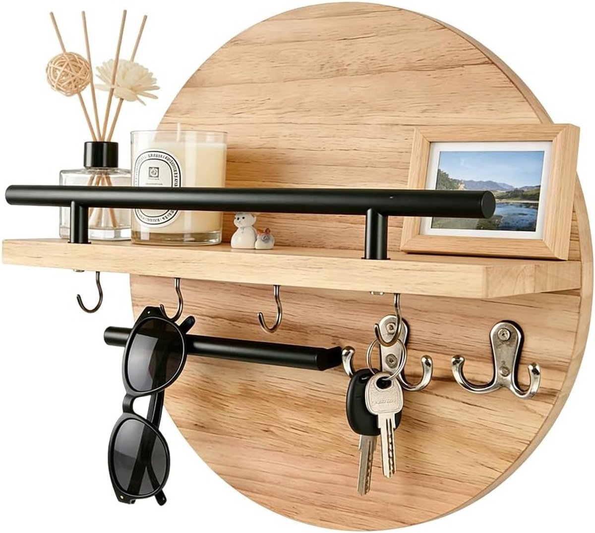 Sleutelrek met opbergruimte en plank, decoratieve wandhouder van vintage hout voor hal, sleutelorganizer en wanddecoratie (houtkleur, 30 x 30 x 12 cm)