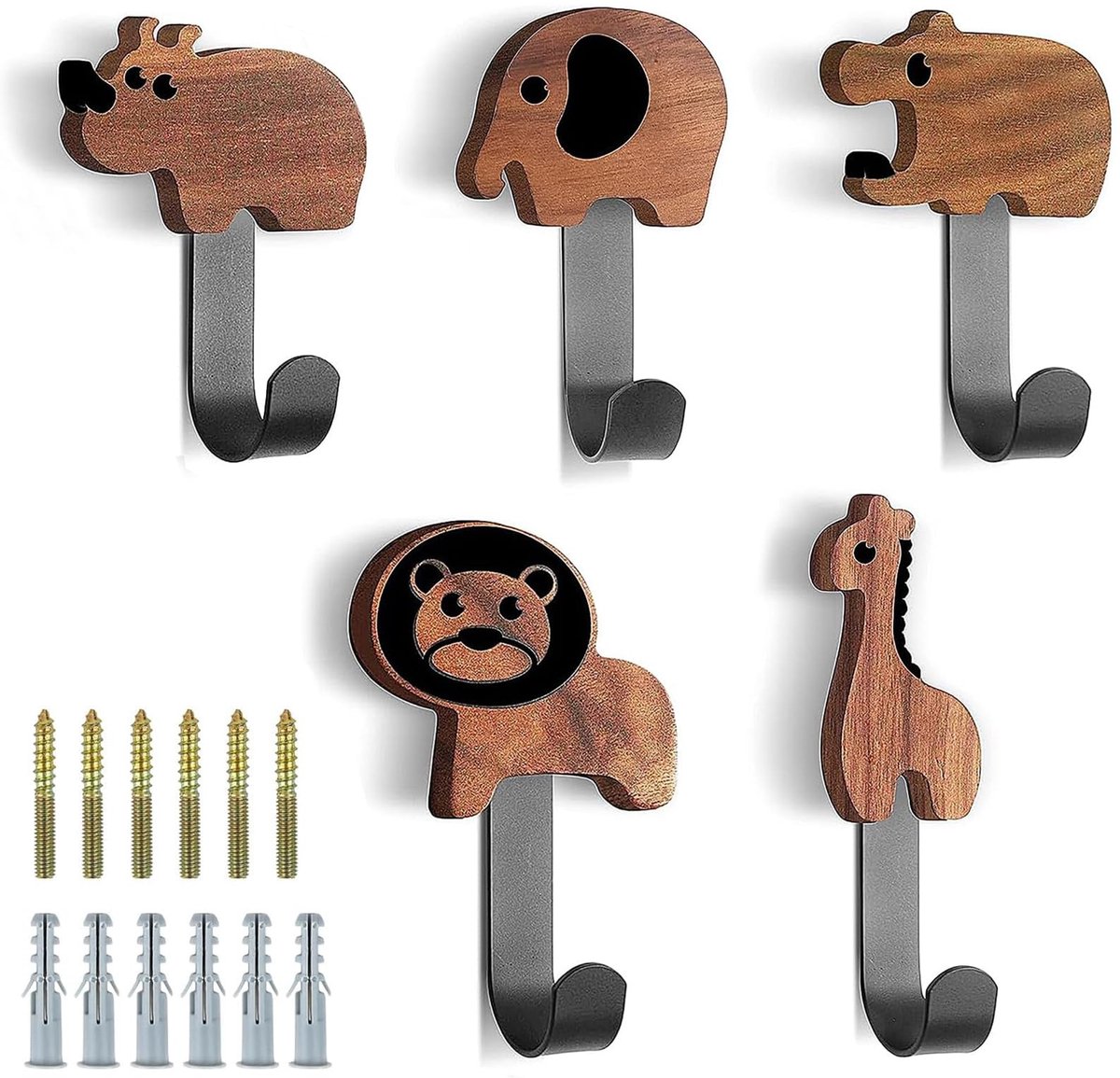 aladdien - Kinderhaken - Houten Kledinghaken - Speelse Dierenvormen - 5 Stuks - Wandhaken voor Kinderen - Decoratie - Kinderkamer