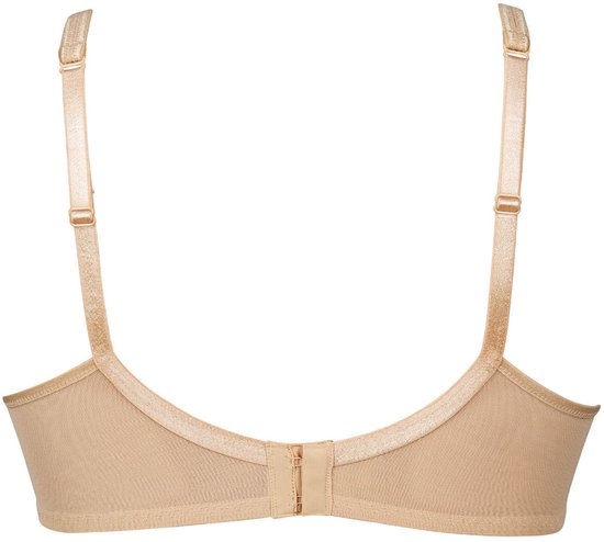 Beige beugelvrije bh, van achteren gezien, met verstelbare bandjes en kanten details.