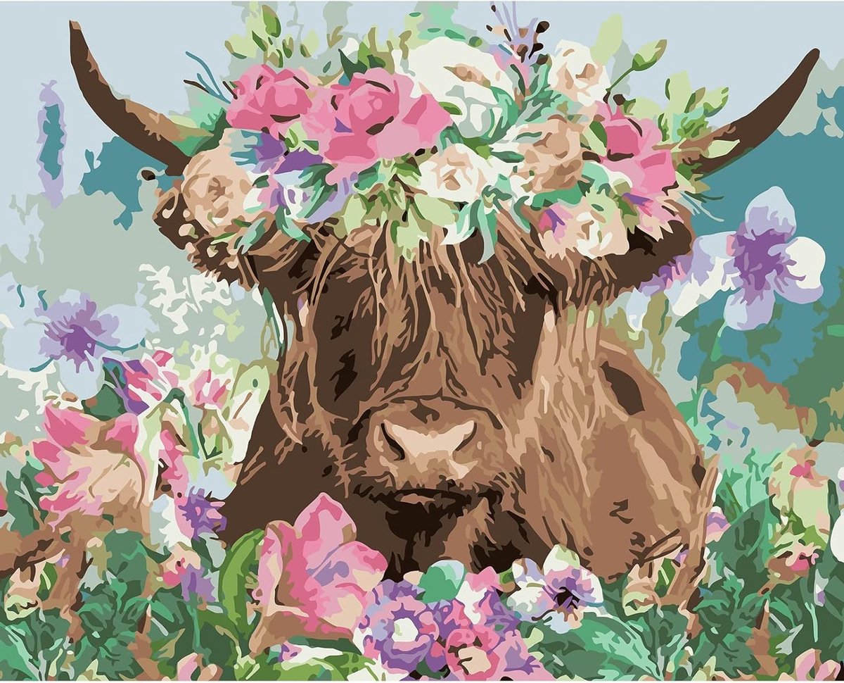 Highland Cattle Schilderen op Nummer, Bloemen Schilderset voor Beginners, DIY Canvas Olieverf Kit voor Volwassenen met Kwasten en Acrylverf - Schilderen voor Kamerversiering 40x50cm