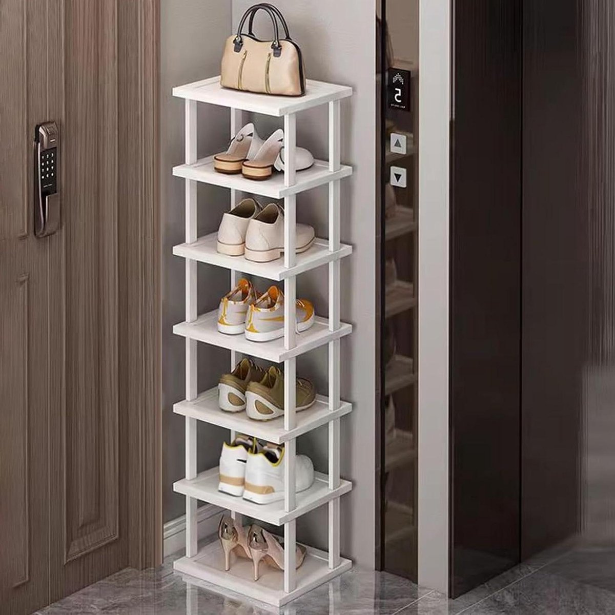 Bamboe schoenenrek - Hoge organizer - Ruimte besparen - Stapelbaar ontwerp - 7 niveaus - Wit