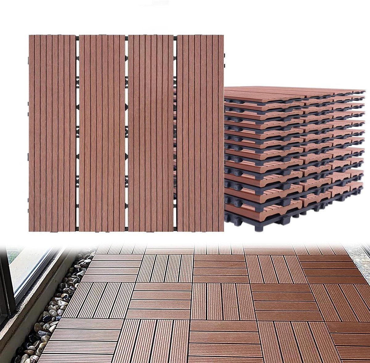 Terrastegels WPC - Houten look tegels - Buiten vloer leggen - Kliksysteem snelle montage - 30x30 cm - Bruin