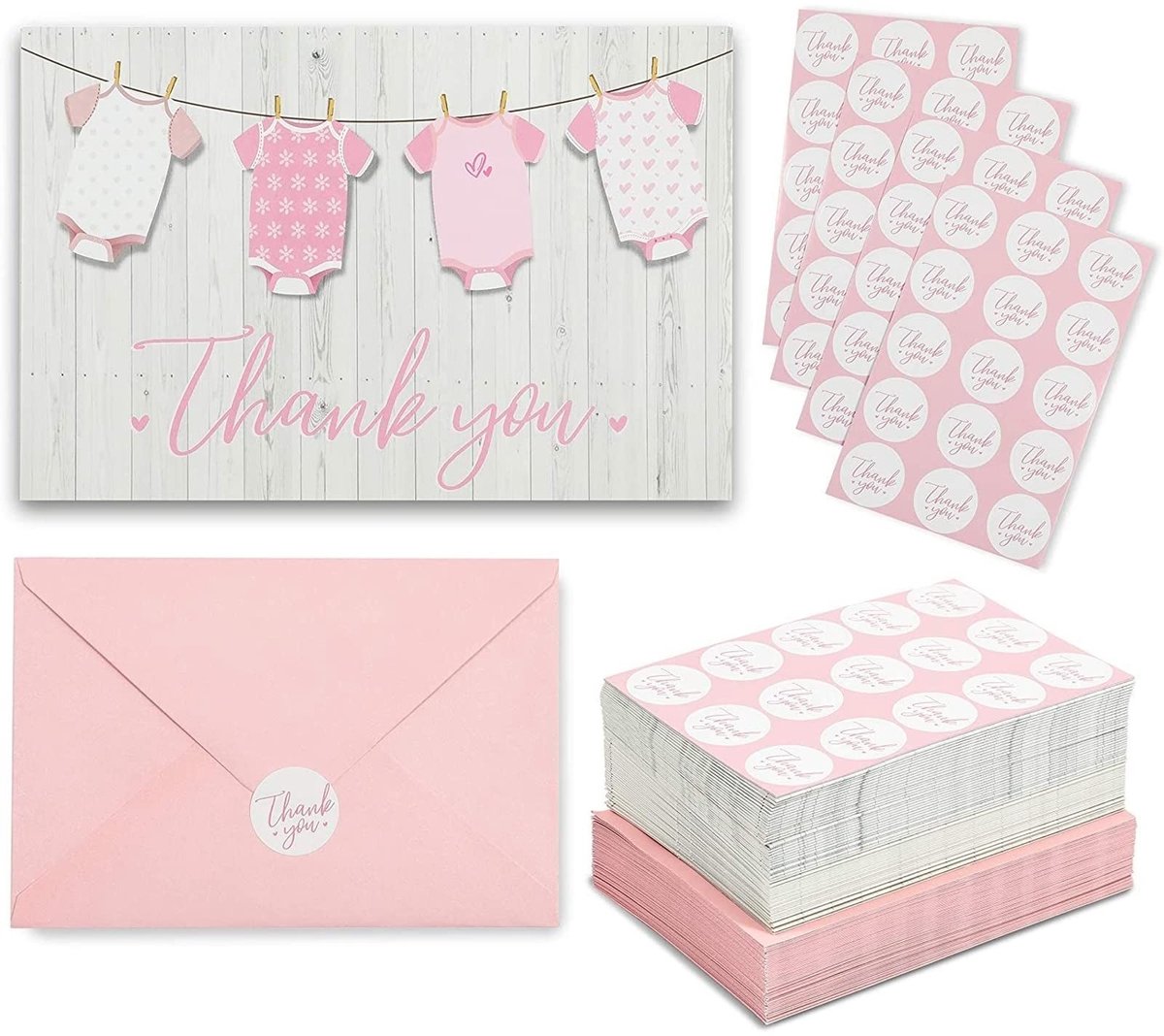 aladdien - Bedankkaarten Baby Shower - 60 Pack - Schattige ontwerpen - Roze enveloppen - Persoonlijke boodschap - Voor babyshower - 15 x 10 cm