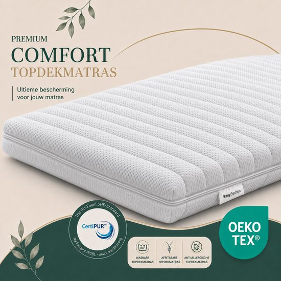 Surmatelas blanc à motif surpiqué, labels CertiPUR et OEKO-TEX. Lavable, déhoussable et hypoallergénique.