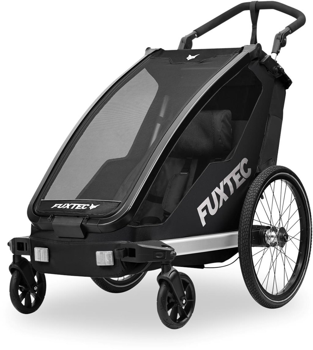 FUXTEC fietskar FX-FA1S zwart, eenzitter opvouwbaar met koppeling, duwbeugel, regenhoes, 5-puntsgordel, max. belasting 35 kg